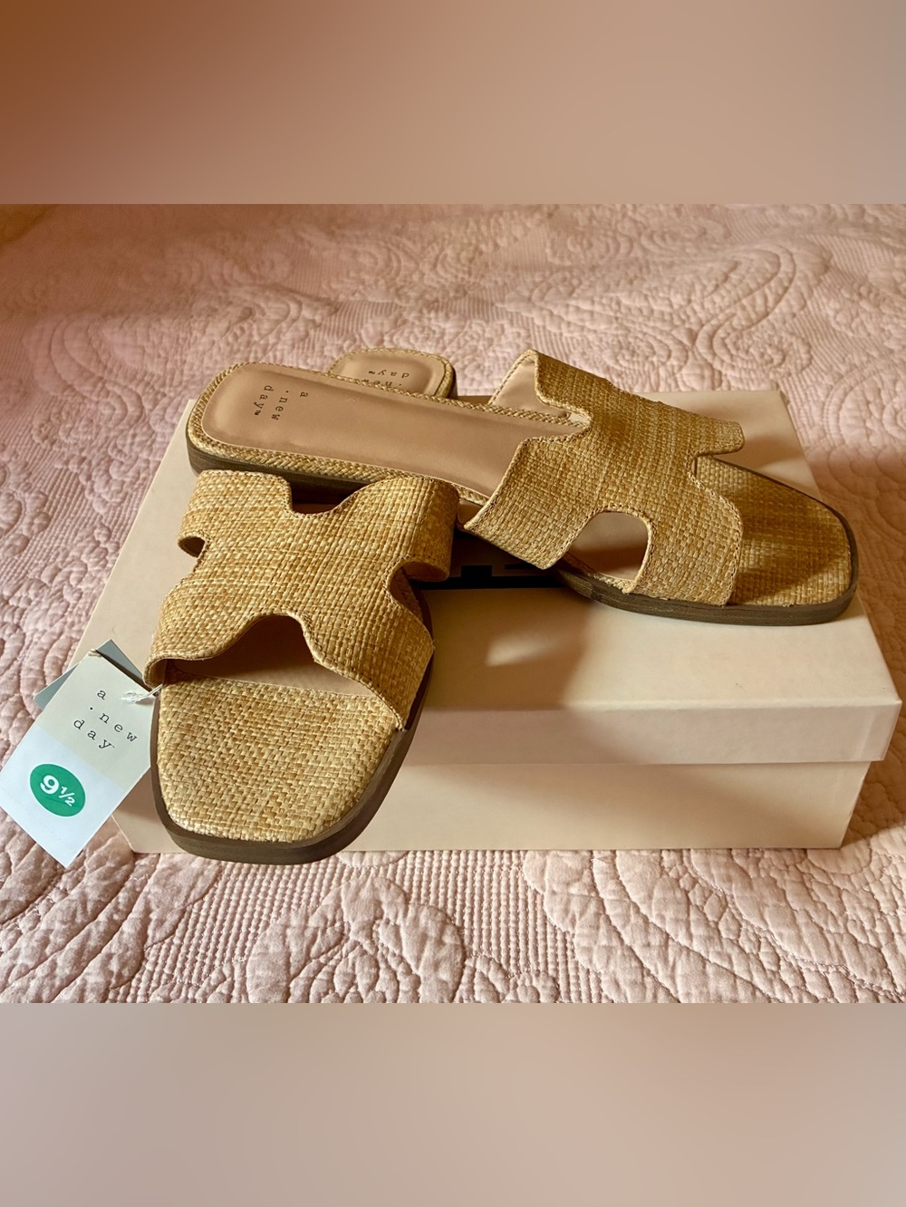 A NEW DAY Tan Raffia Slip-On Slide Sandals